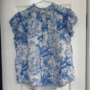 & Other Stories Blue and White Ruffle Sleeve Scenic Print Blouse